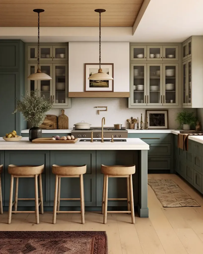 4. Sage Green Kitchen Island With Bar Stools