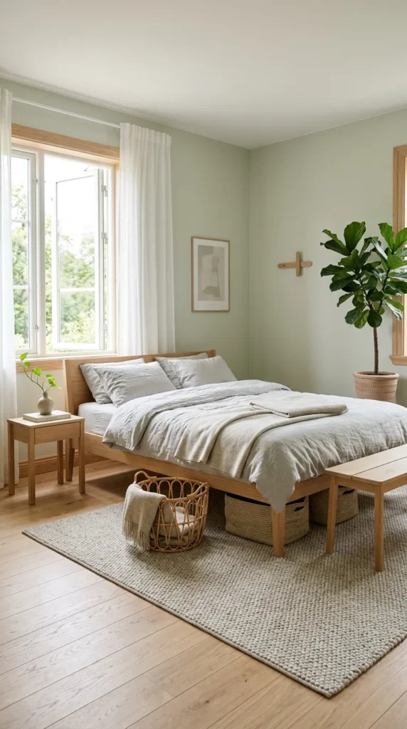 4. Scandinavian Light Green and Grey Bedroom Ideas clean