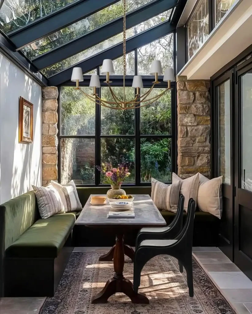 4. Sunroom Green Velvet Banquette