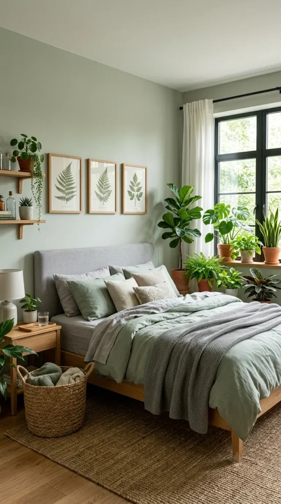 5. Botanical Light Green and Grey Bedroom Ideas clean
