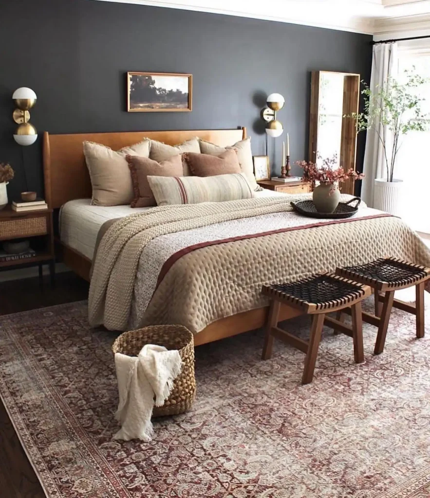 5. Camel Leather Headboard with Woven Stools