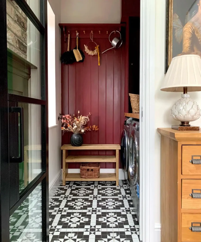 5. Deep Red Beadboard Mudroom Nook