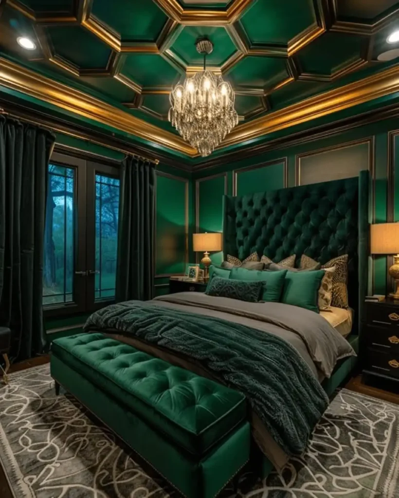 5. Emerald and Gold Coffered Ceiling Bedroom