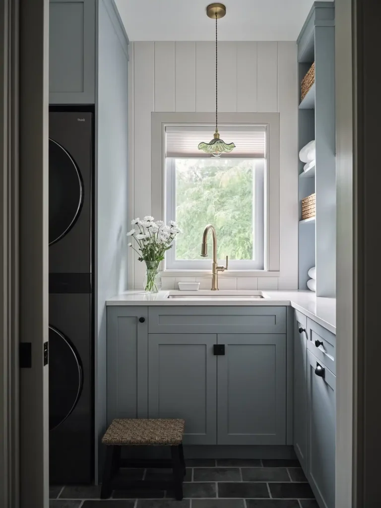 5. Farmhouse Sink Nook with Stacked Machines Around the Corner