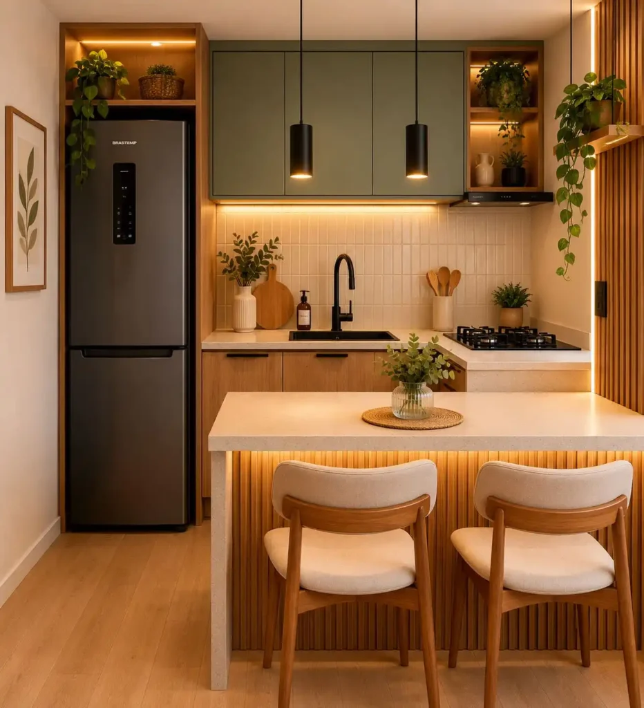 5. Fluted Wood Peninsula With Bar Stools