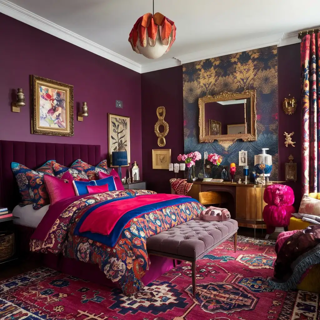5. Plum Walls and Gold Mirror Bedroom
