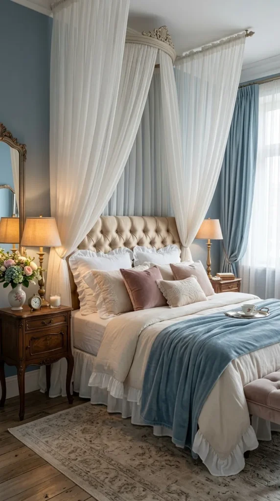 5. Romantic French Blue Bedroom With Soft Fabrics clean