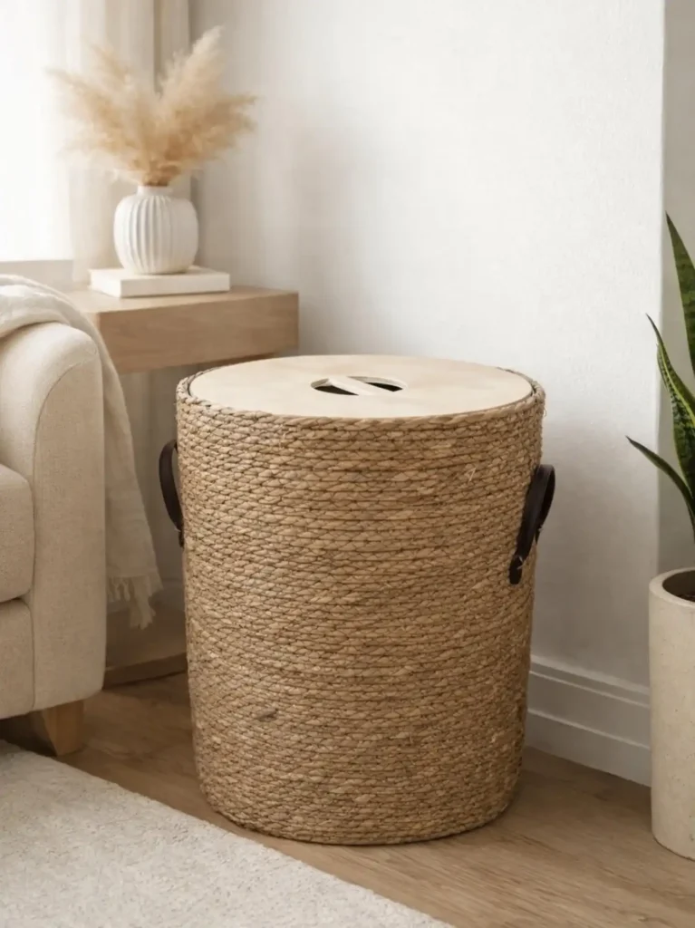 5. Woven Lidded Hamper With Wood Top