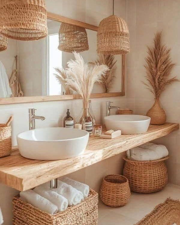 5. Woven Pendant Lights over Double Sinks