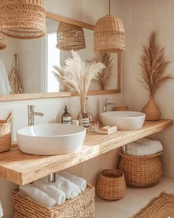 5. Woven Pendant Lights over Double Sinks