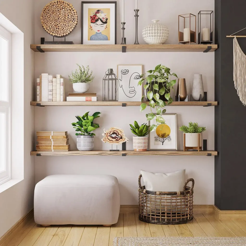 6. Boho Plant Filled Wood Shelves