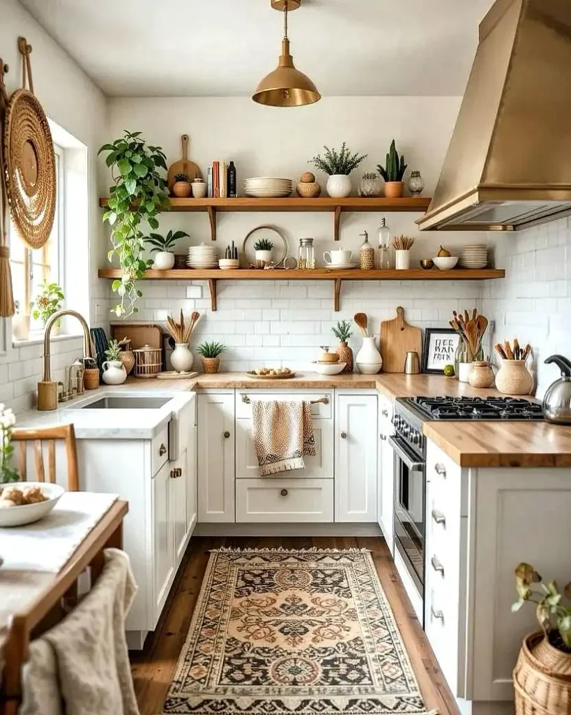 6. Brass Range Hood and Open Shelving