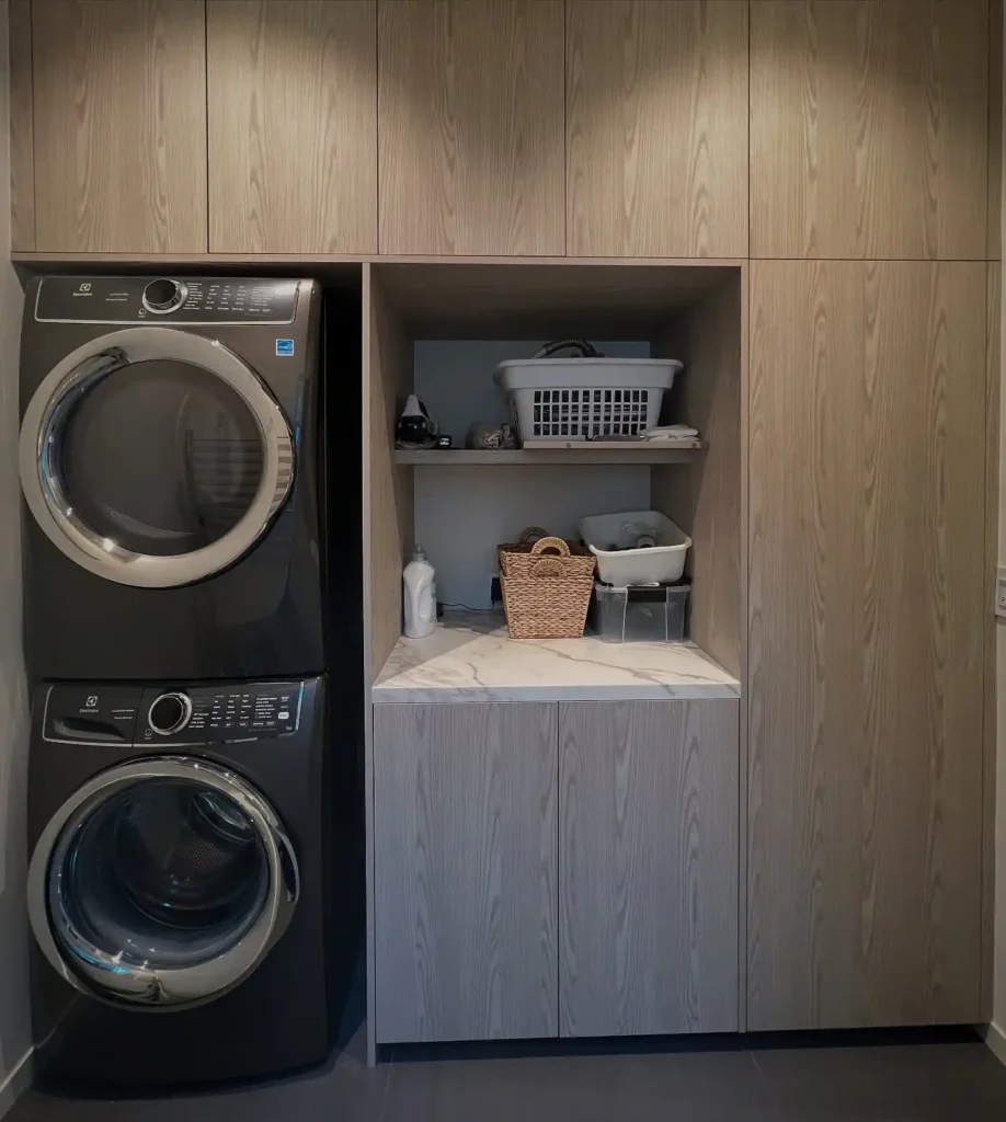 6. Built In Wood Cabinetry with Open Storage Niche