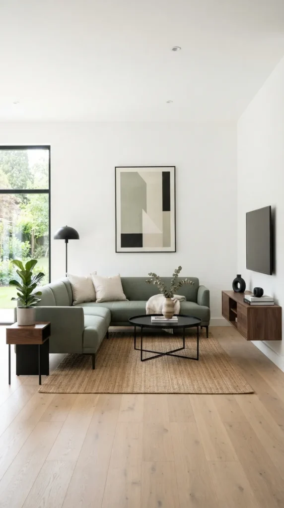 6. Design a Modern Green Living Room With Minimal Furniture clean