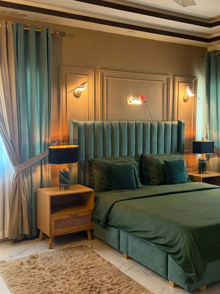 6. Emerald Channel Headboard with Neon Accent