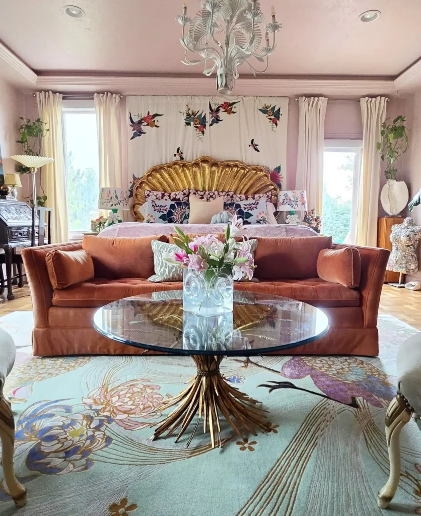 6. Gilded Shell Headboard and Bird Motif Bedroom
