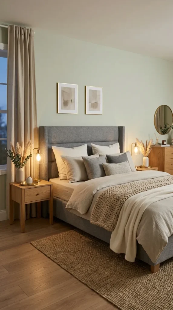 6. Grey Upholstered Beds with Light Green Walls clean