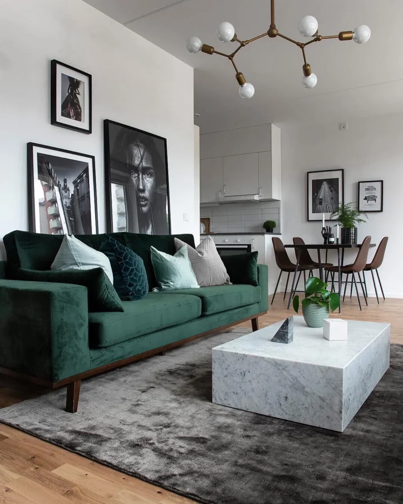 6. Mid Century Dark Green Velvet Sofa