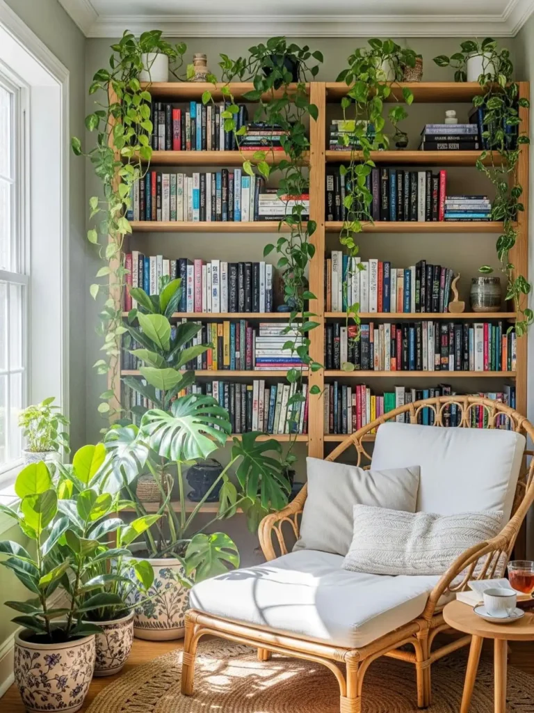 6. Plant Filled Bookshelf Nook by a Sunny Window
