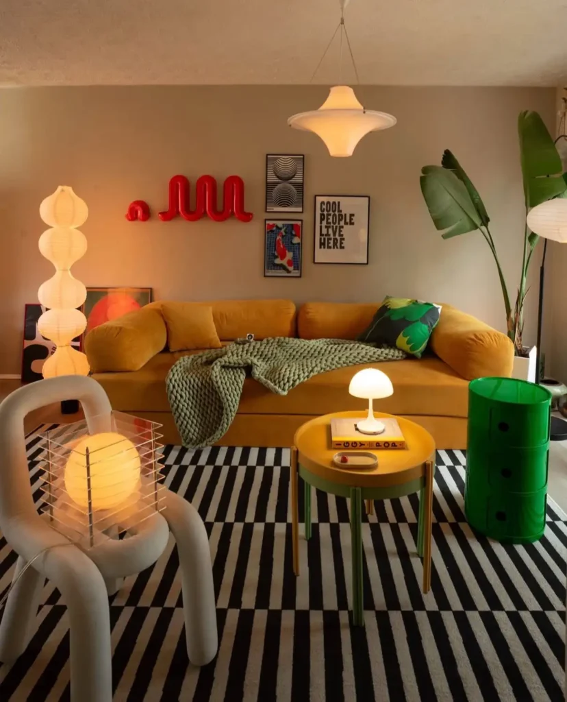 6. Playful Mustard and Green Living Room