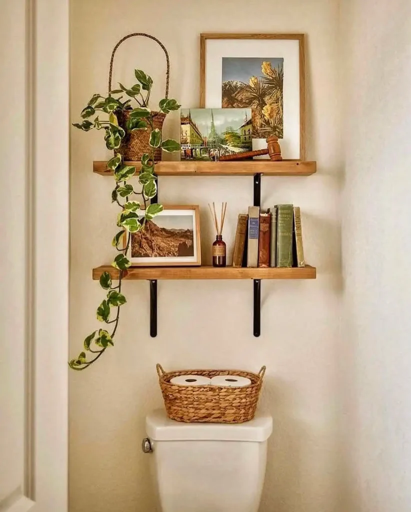 6. Wood Shelves with Framed Art and Books