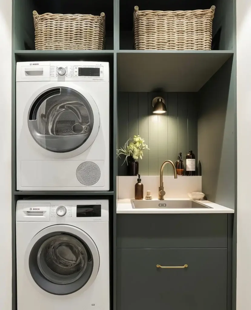 7. Alcove Sink with Sconce Lighting Beside Stacked Machines