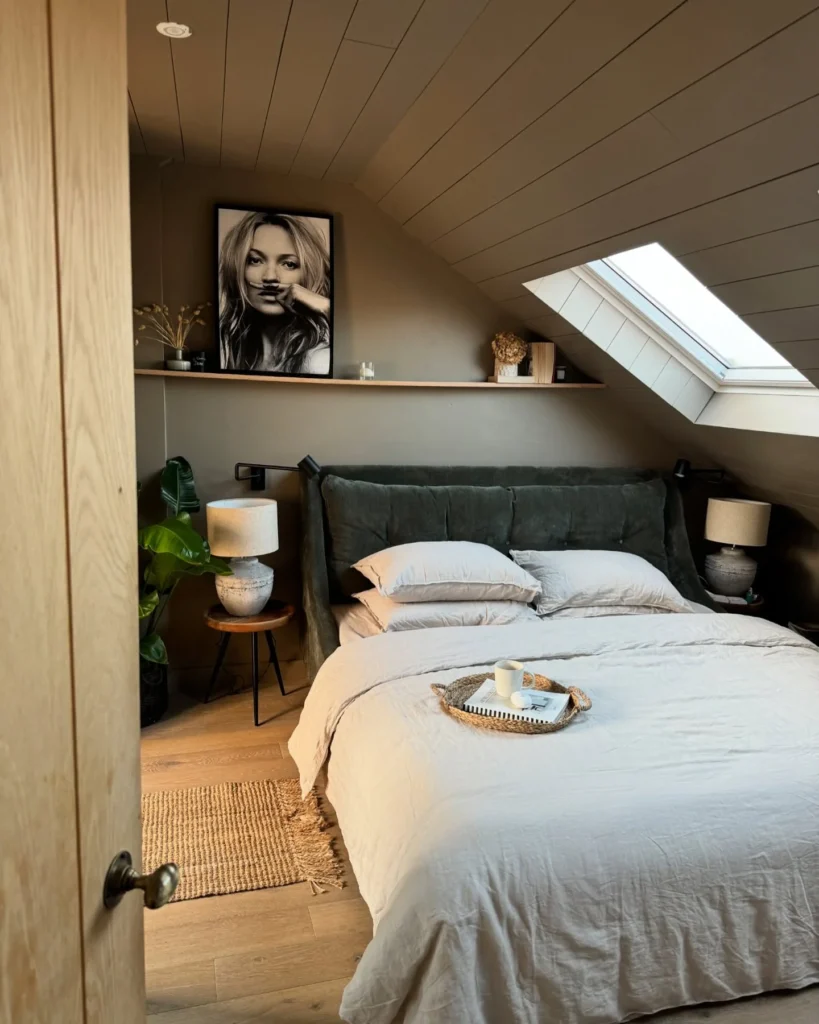 7. Attic Bedroom with a Skylight and Tufted Headboard