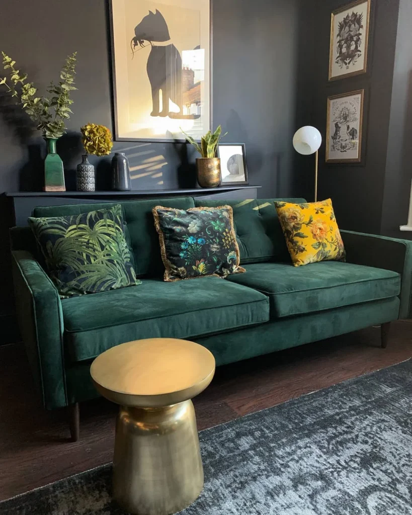 7. Button Tufted Green Velvet Sofa With Bold Prints