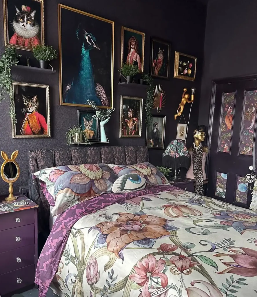 7. Dark Gallery Wall and Floral Bedding Bedroom