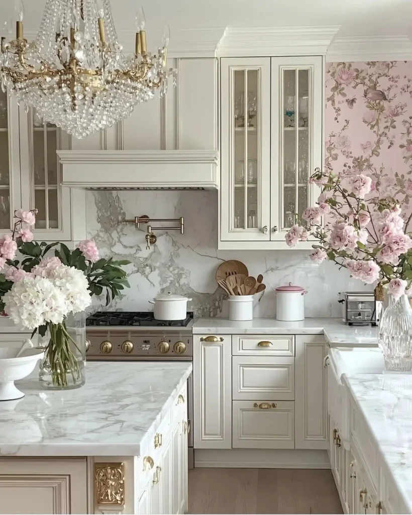 7. Floral French Kitchen With Crystal Chandelier