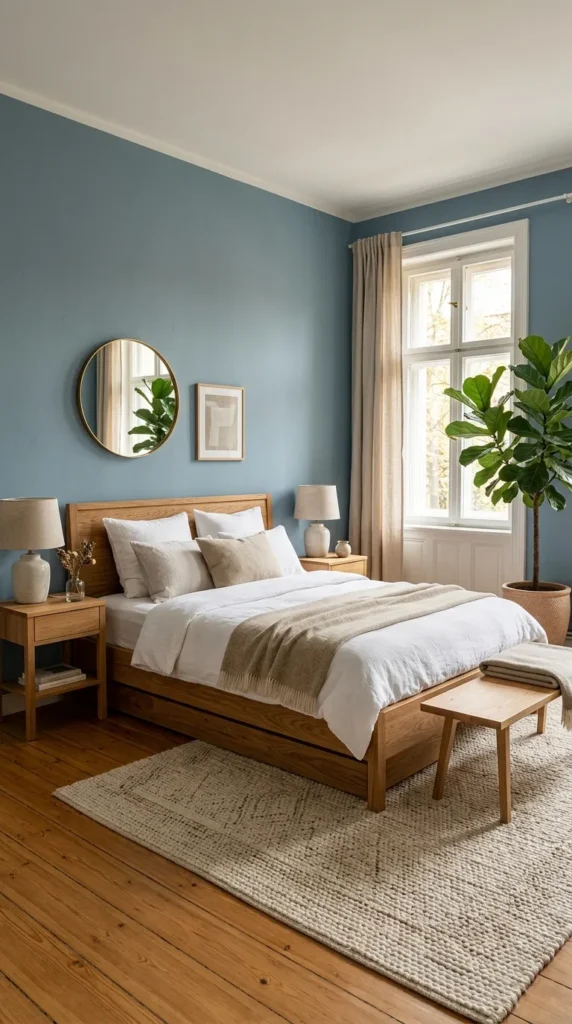 7. French Blue Bedroom With Natural Wood Warmth clean