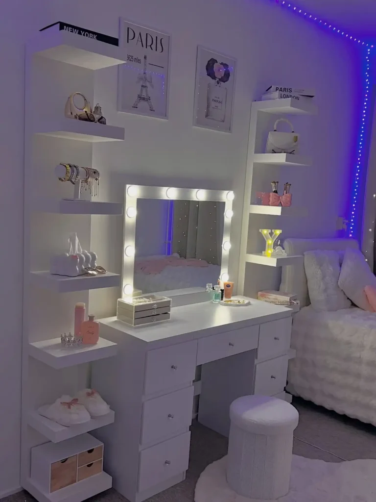 7. Hollywood Vanity with LED Shelving