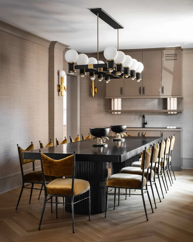 7. Long Black Table With Globe Chandelier