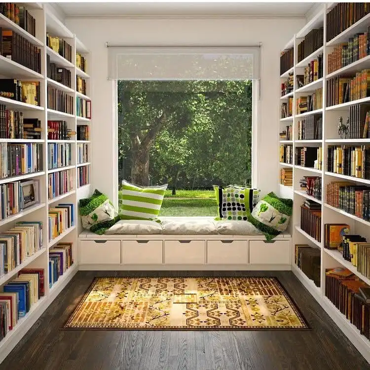 7. White Bookshelves Framing a Garden View Window Seat