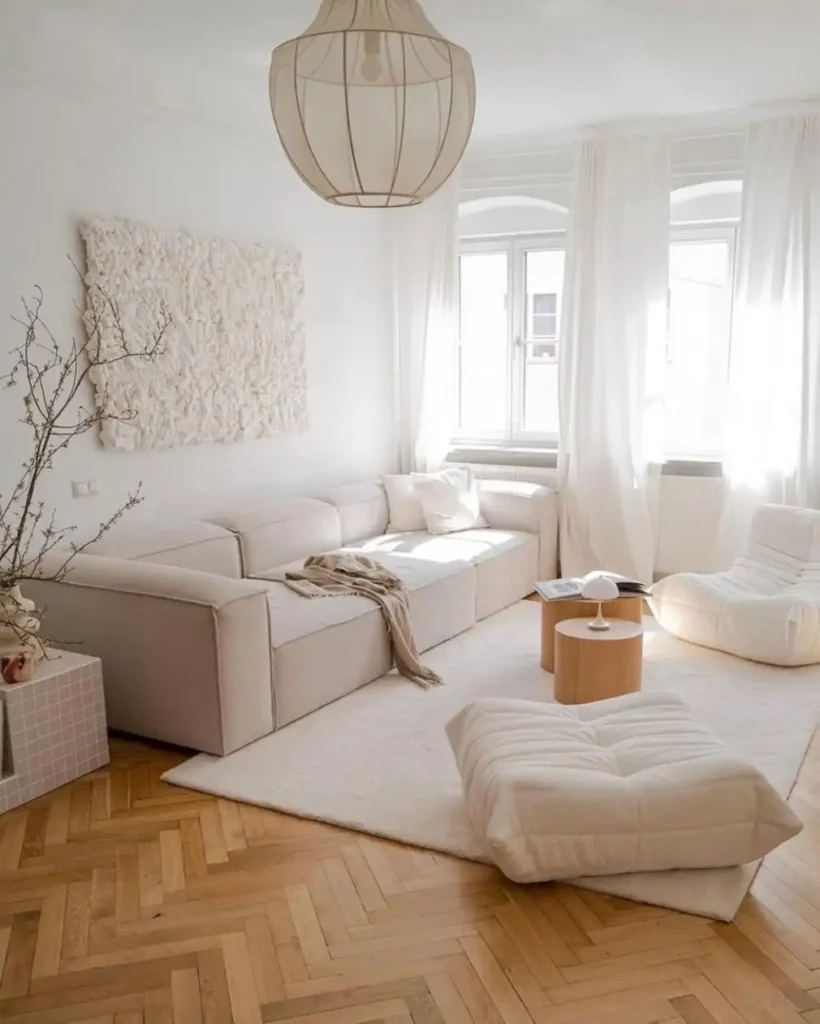 8. Beige Living Room with Herringbone Floors