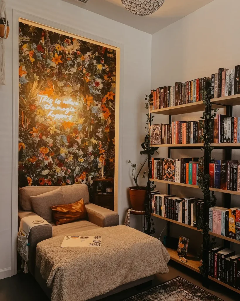 8. Floral Wallpaper Nook with Neon Sign
