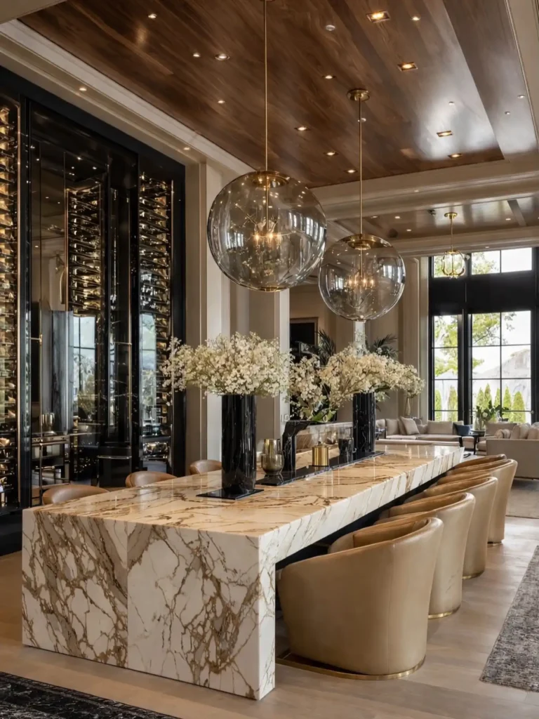 8. Marble Waterfall Table With Glass Globe Lights