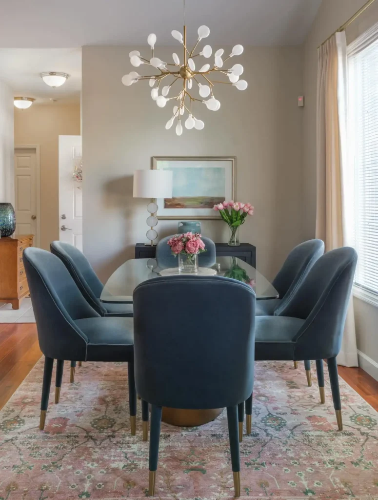 8. Navy Velvet Chairs with Glass Top Table