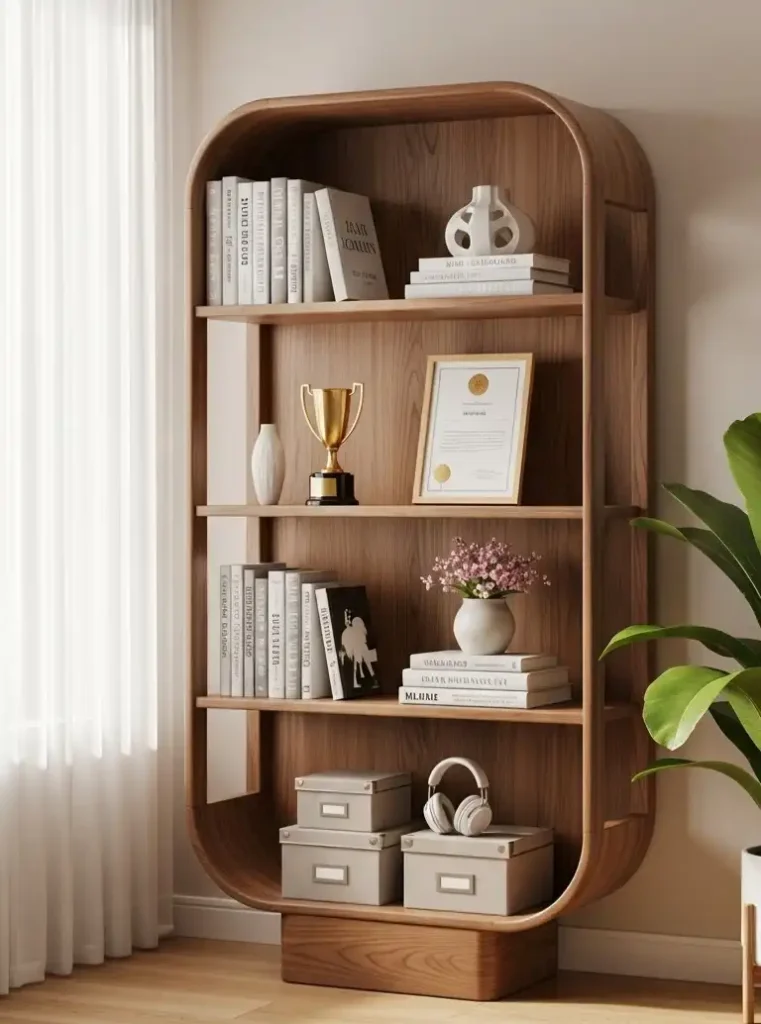 8. Rounded Walnut Wood Bookshelf