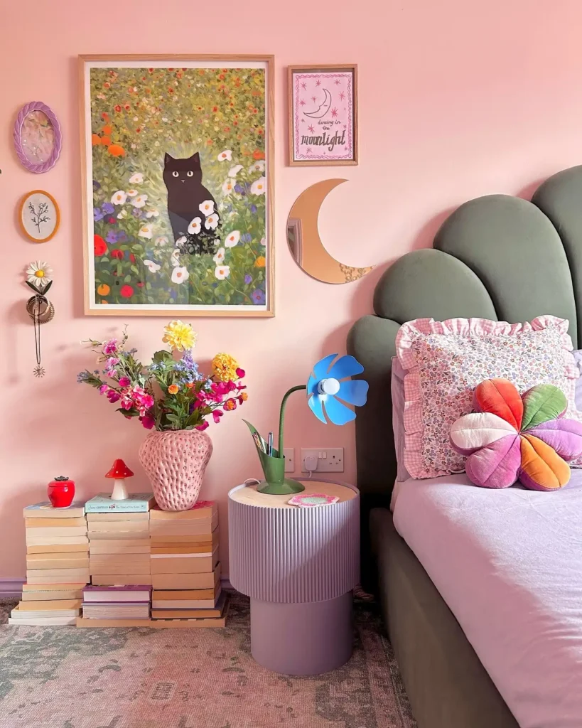 8. Sage Cloud Headboard and Whimsical Wall Art Bedroom