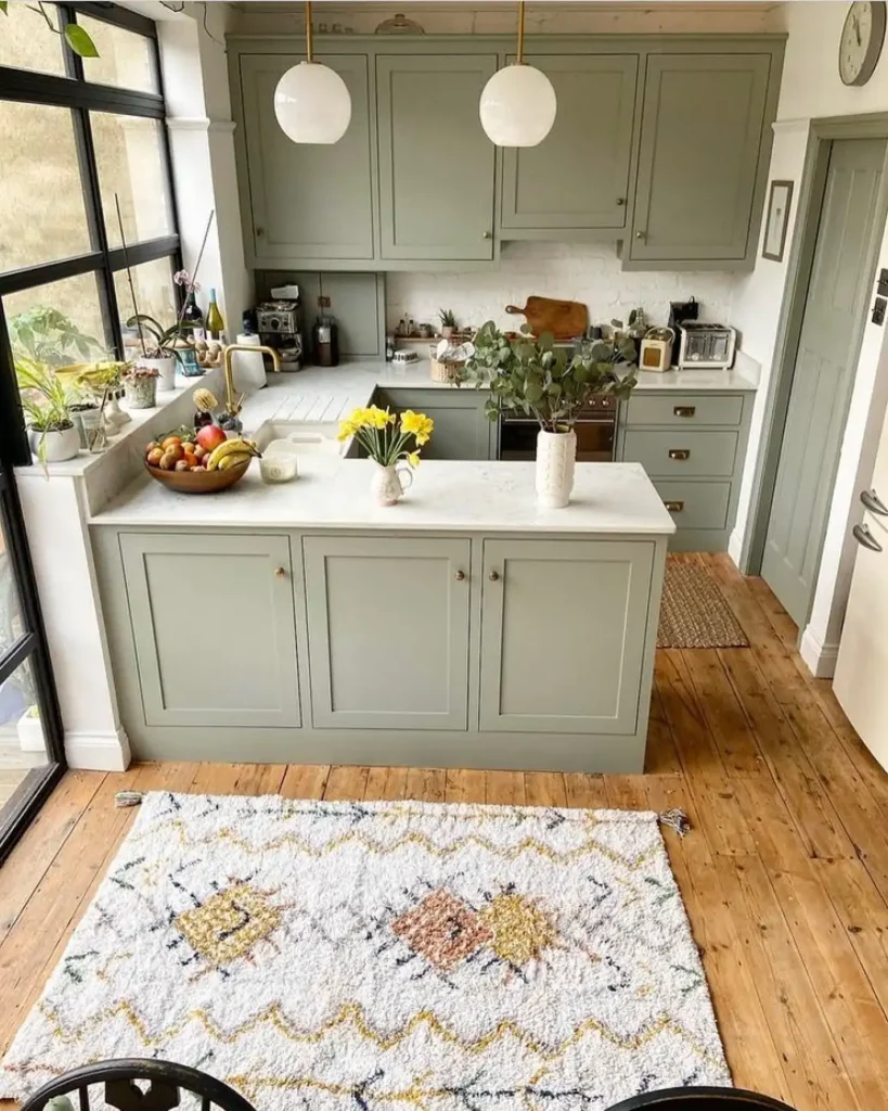 8. Sage Green Kitchen With Globe Pendants