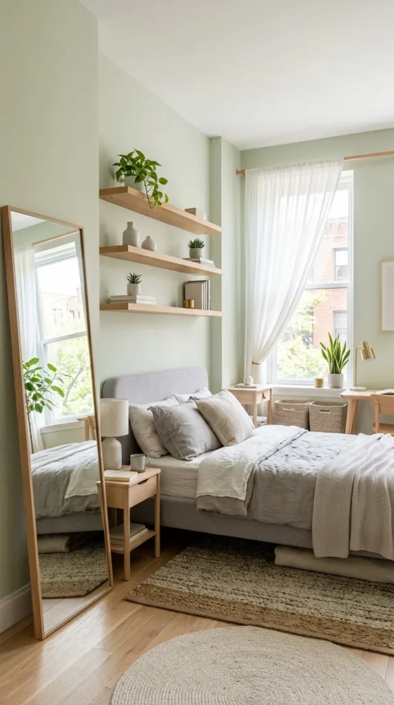 8. Small Light Green and Grey Bedroom Ideas for Apartments
