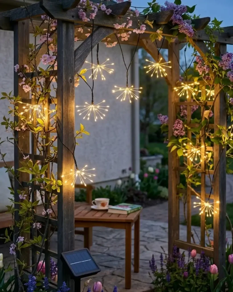 8. Starburst Fairy Lights On A Flower Covered Arbor