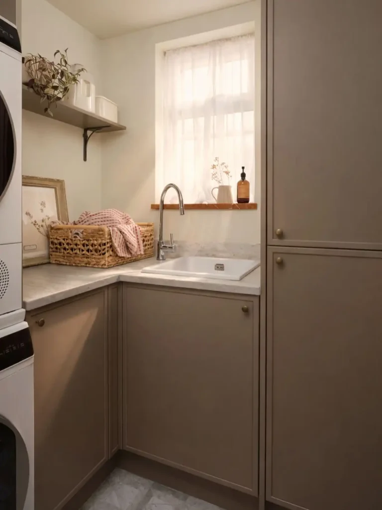 8. Sunlit Corner Sink with Warm Taupe Cabinetry