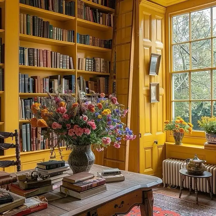 8. Sunny Yellow Library with a Rolling Ladder