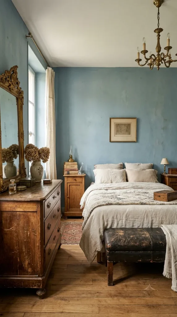 8. Vintage Inspired French Blue Bedroom With Antique Finds clean