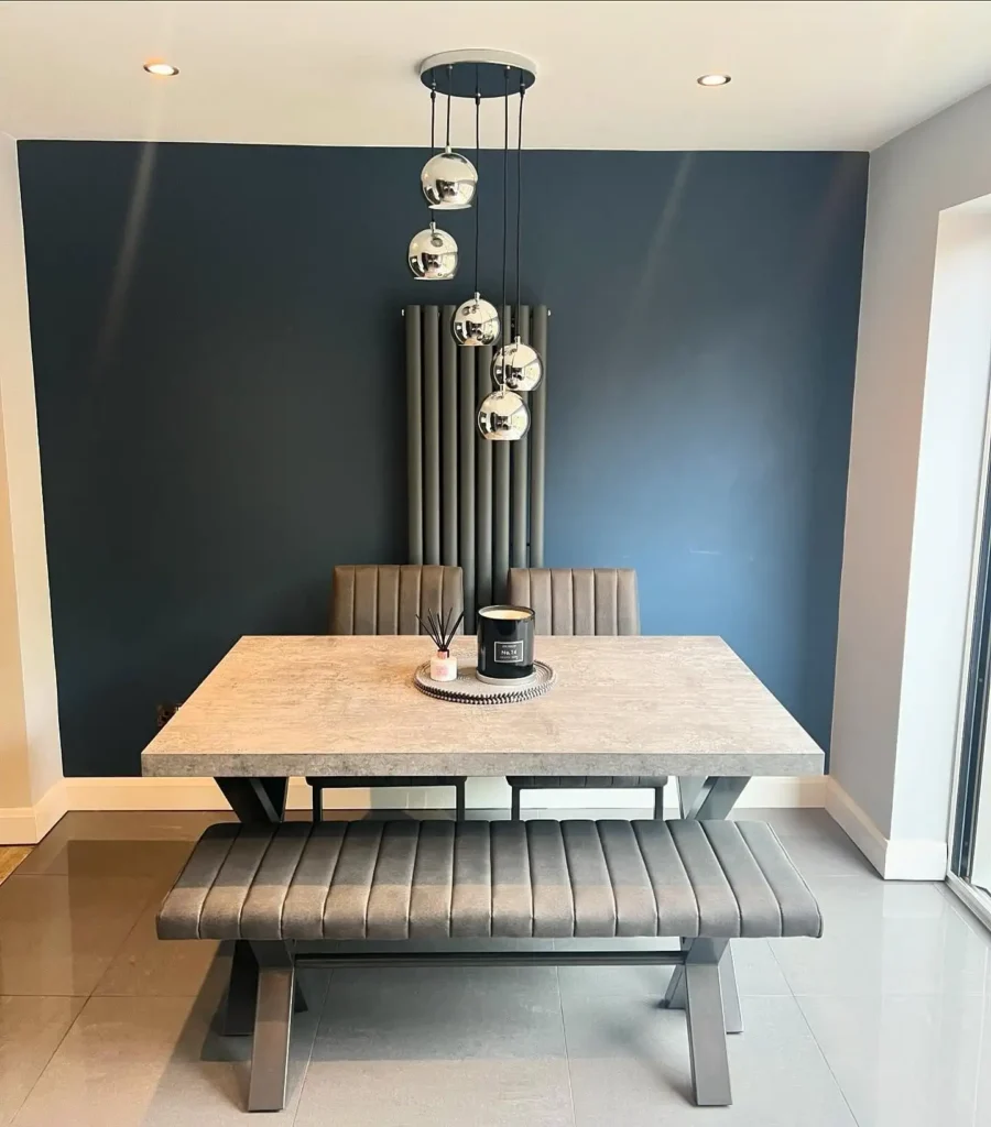 9. Bench Seating with Mirrored Sphere Pendants