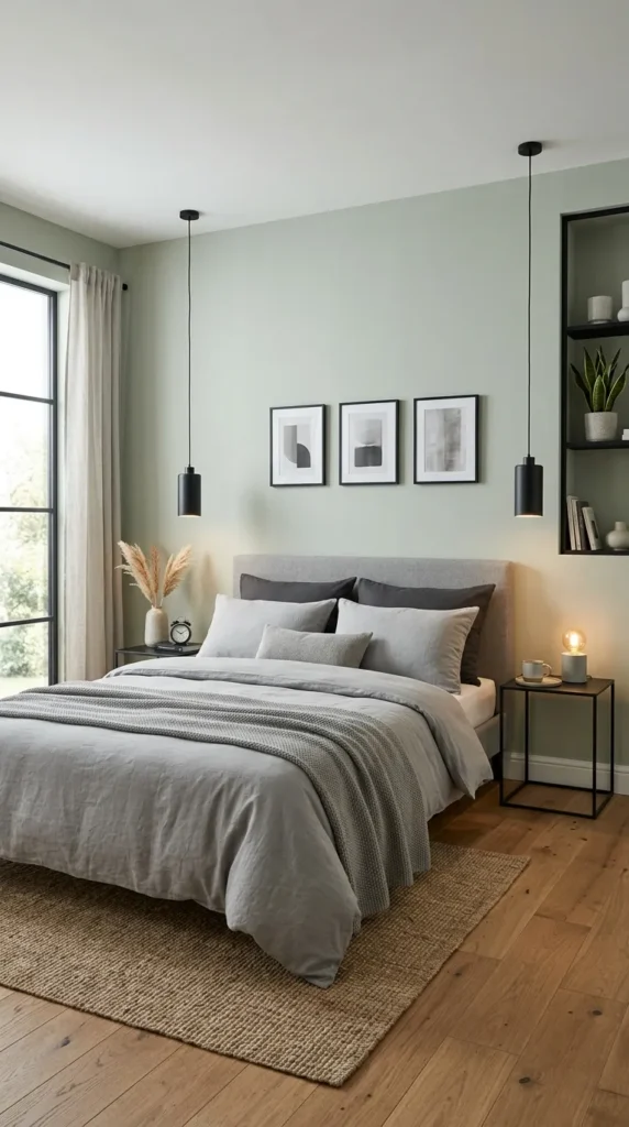 9. Contemporary Light Green and Grey Bedroom Ideas with Black Accents