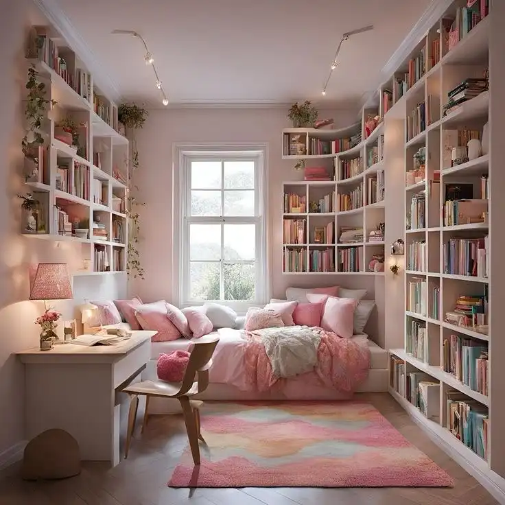 9. Curved Wall Shelving in a Pink Reading Bedroom
