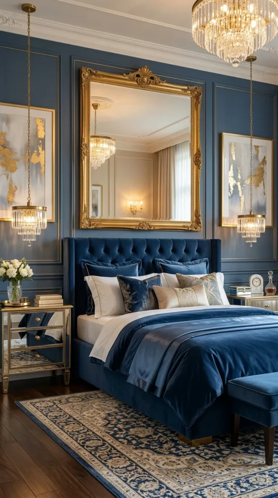 9. Modern Glam French Blue Bedroom With Metallic Touches clean